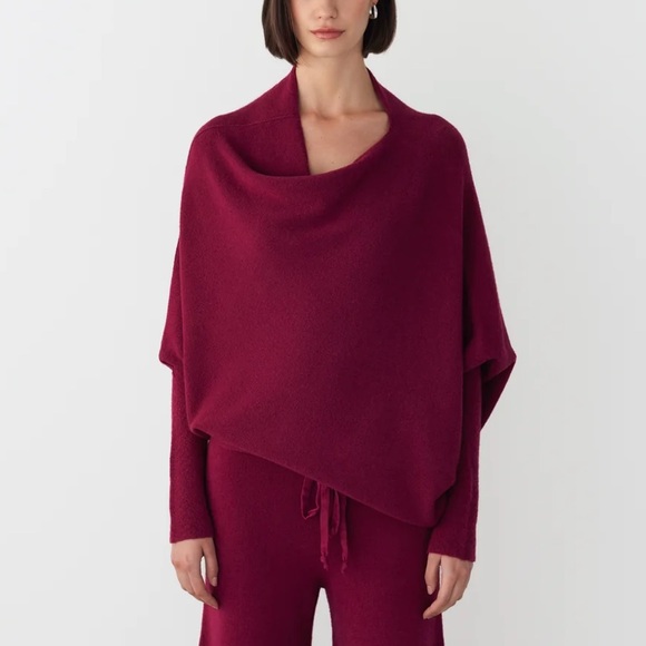 JAKI London Asymmetric Draped Sweater Seamless Knit Burgundy Sz S / M MSRP $248 - Picture 2 of 10